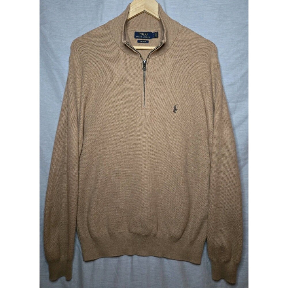 Polo Ralph Lauren Pima Cotton Quarter Zip Sweater Mens Large Brown Tan Mesh Knit